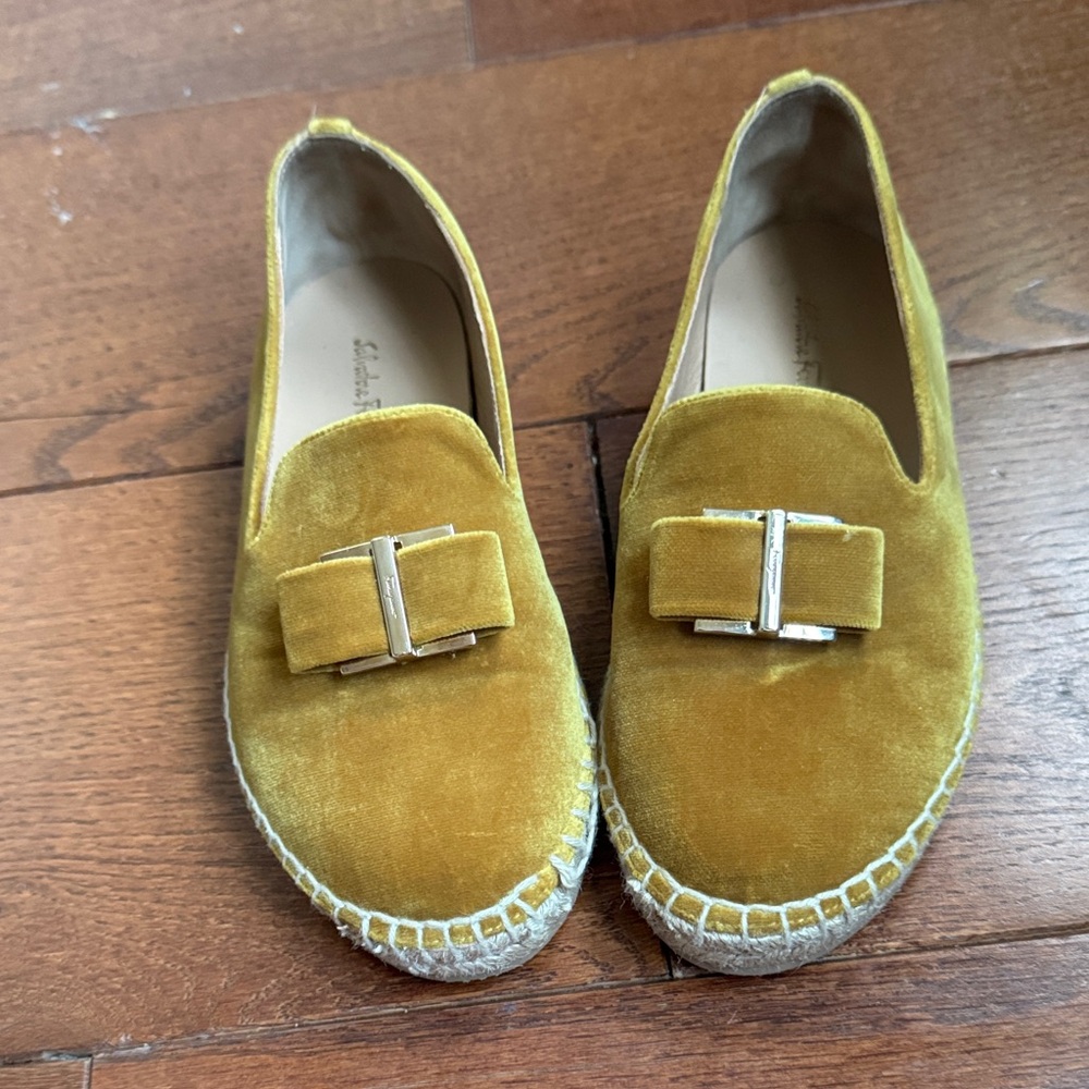 Salvatore Ferragamo Mustard Velvet Flats